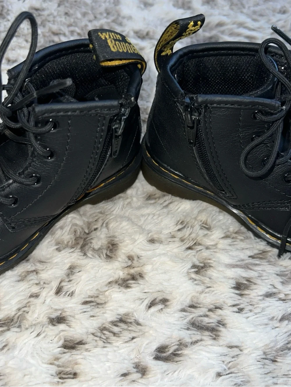 Dr. Martens Kids Black Leather Lace-Up Boots with Yellow Stitching